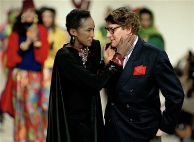 Fashion model model Katoucha Niane, from Guinea, embraces French couturier Yves Saint Laurent at the end of his show for the 1989 Fall ready-to-wear fashion show in Paris, in this March 22, 1989 file photo. Katoucha was found dead in the Seine River Feb. 28, 2008 in Paris. Katoucha, who lived on a barge, was missing since Jan. 31, 2008
